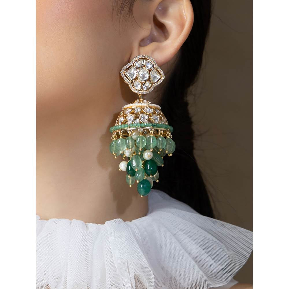 Joules By Radhika Polki and Green Beads Jhumka Earrings