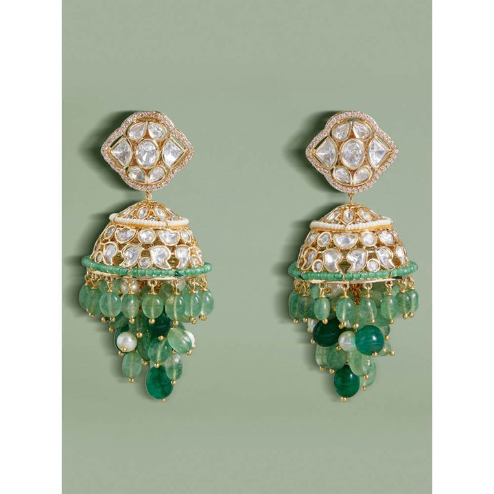 Joules By Radhika Polki and Green Beads Jhumka Earrings