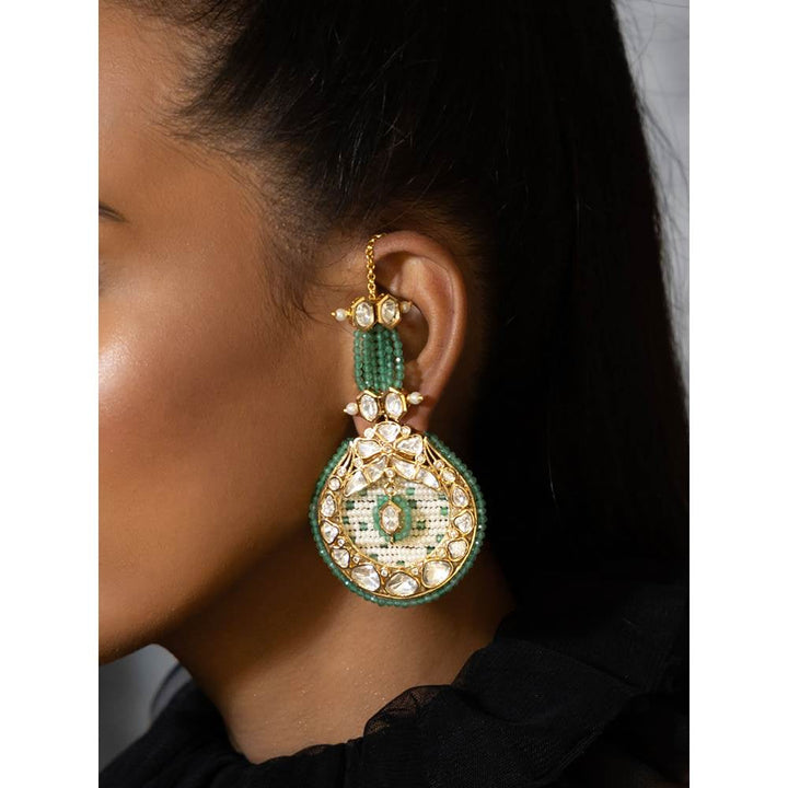 Joules By Radhika Green Jade Stone Studded Drop Earrings