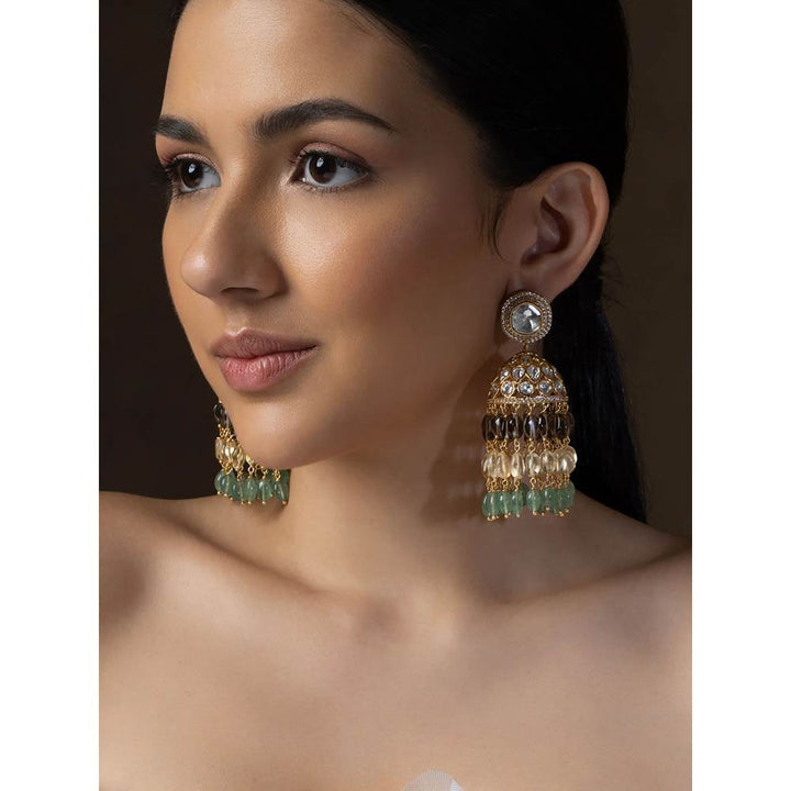 Joules By Radhika Multi-Color Polki Jhumka Earrings with Jade Tumbles