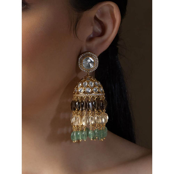 Joules By Radhika Multi-Color Polki Jhumka Earrings with Jade Tumbles