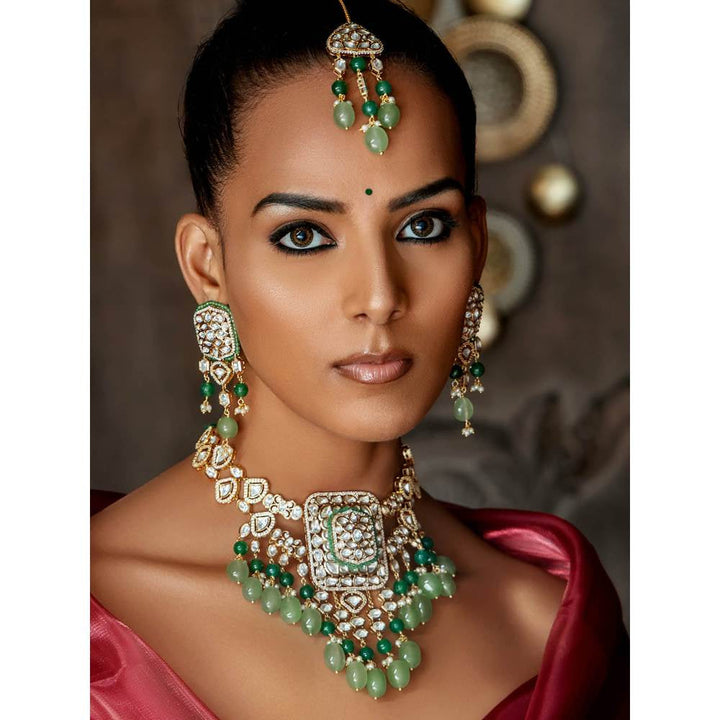 Joules By Radhika Polki and Green Jade Tumbles Bridal Necklace Set