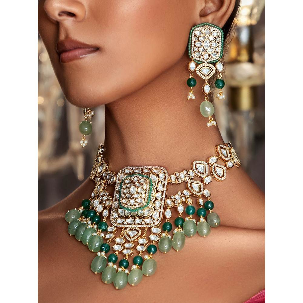 Joules By Radhika Polki and Green Jade Tumbles Bridal Necklace Set