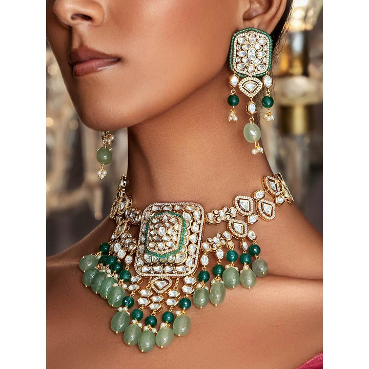 Joules By Radhika Polki and Green Jade Tumbles Bridal Necklace Set