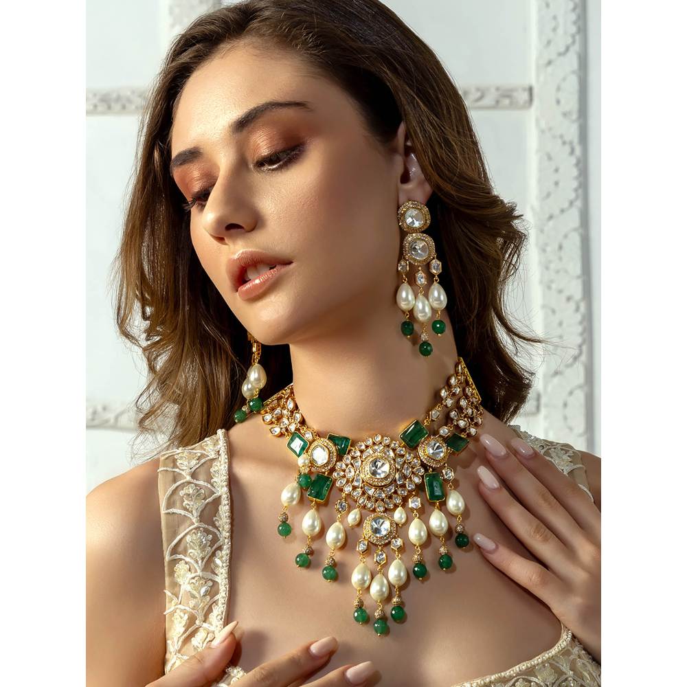 Joules By Radhika Bridal Necklace Set with Green Jades and Pearls