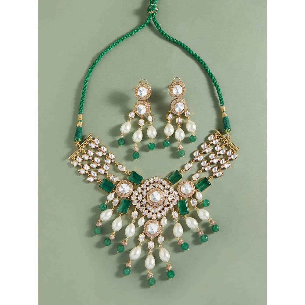 Joules By Radhika Bridal Necklace Set with Green Jades and Pearls