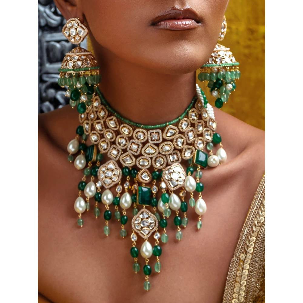 Joules By Radhika Bridal Necklace Set with Jades and Pearl Drops