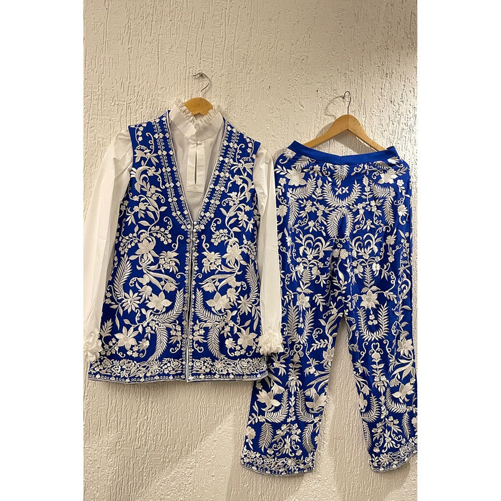 JUHI NANDA Blue Sleeveless Jacket & Pant with a Shirt (Set of 3)
