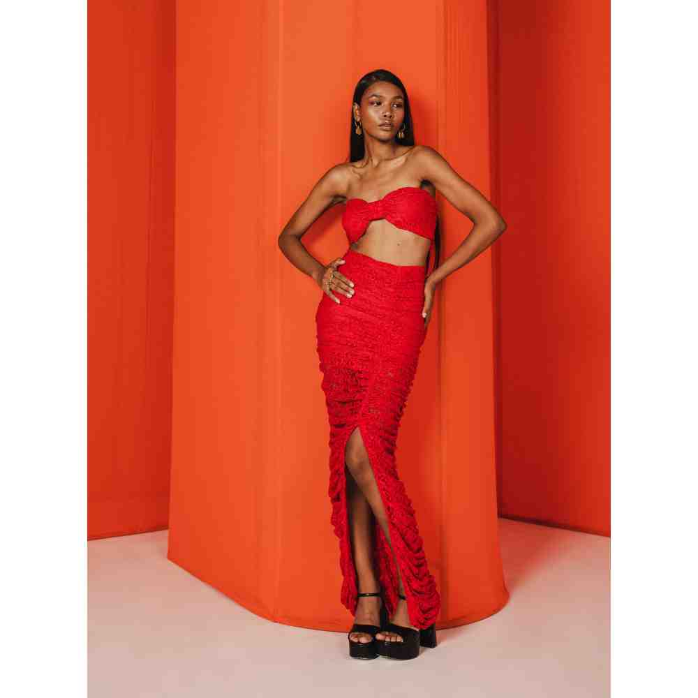 JULY ISSUE Red Isla Crop Top & Skirt (Set of 2)
