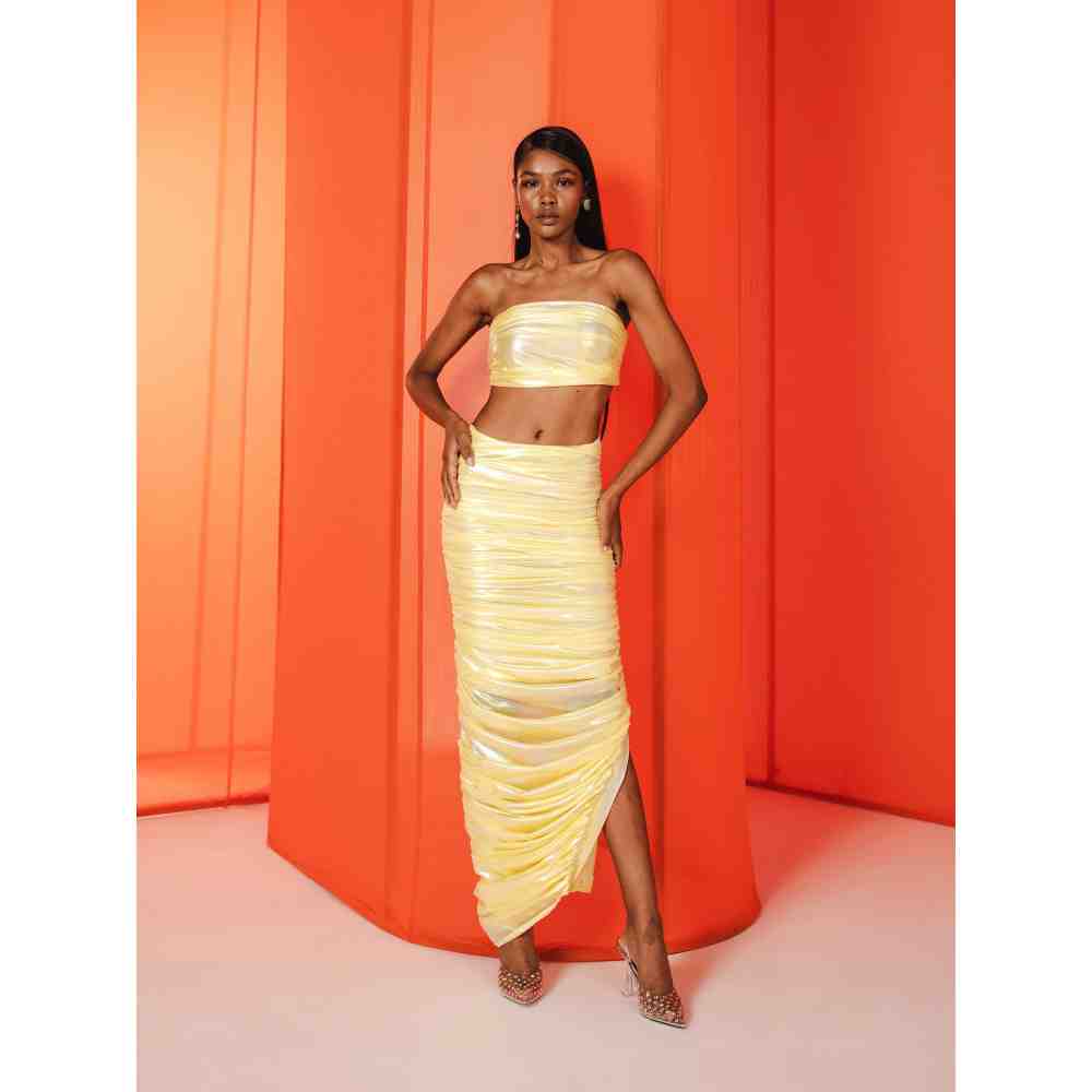 JULY ISSUE Yellow Kay Crop Top & Ruched Skirt (Set of 2)