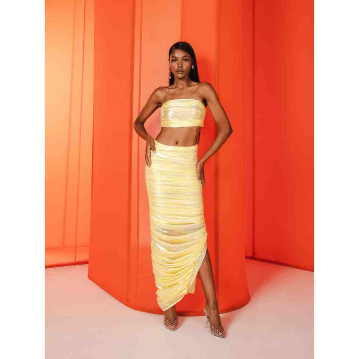 JULY ISSUE Yellow Kay Crop Top & Ruched Skirt (Set of 2)