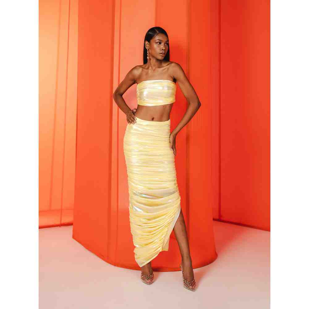 JULY ISSUE Yellow Kay Crop Top & Ruched Skirt (Set of 2)