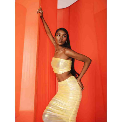 JULY ISSUE Yellow Kay Crop Top & Ruched Skirt (Set of 2)