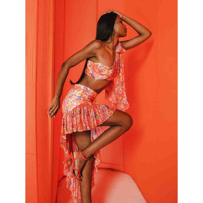 JULY ISSUE Orange Lolly Crop Top & High Low Skirt (Set of 2)