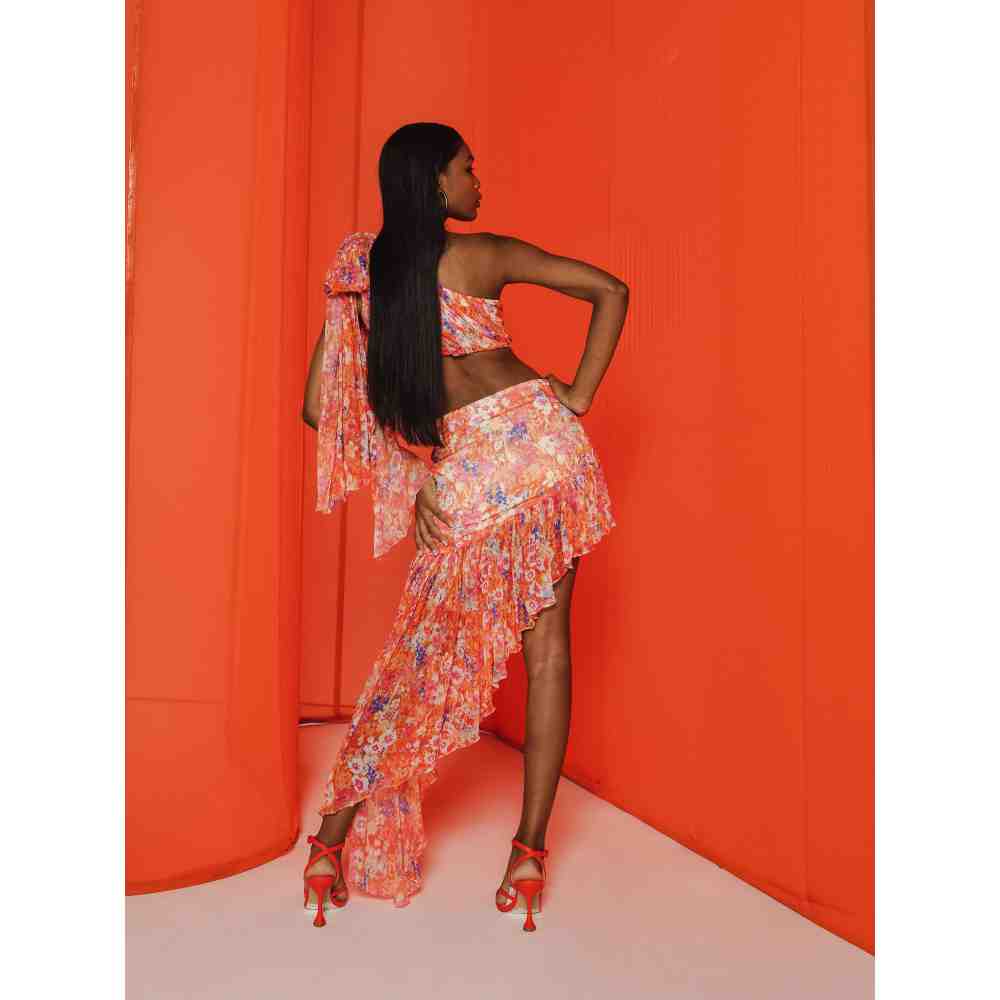 JULY ISSUE Orange Lolly Crop Top & High Low Skirt (Set of 2)