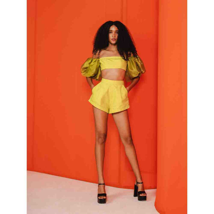 JULY ISSUE Yellow Mim Crop Top & Mini Shorts (Set of 2)