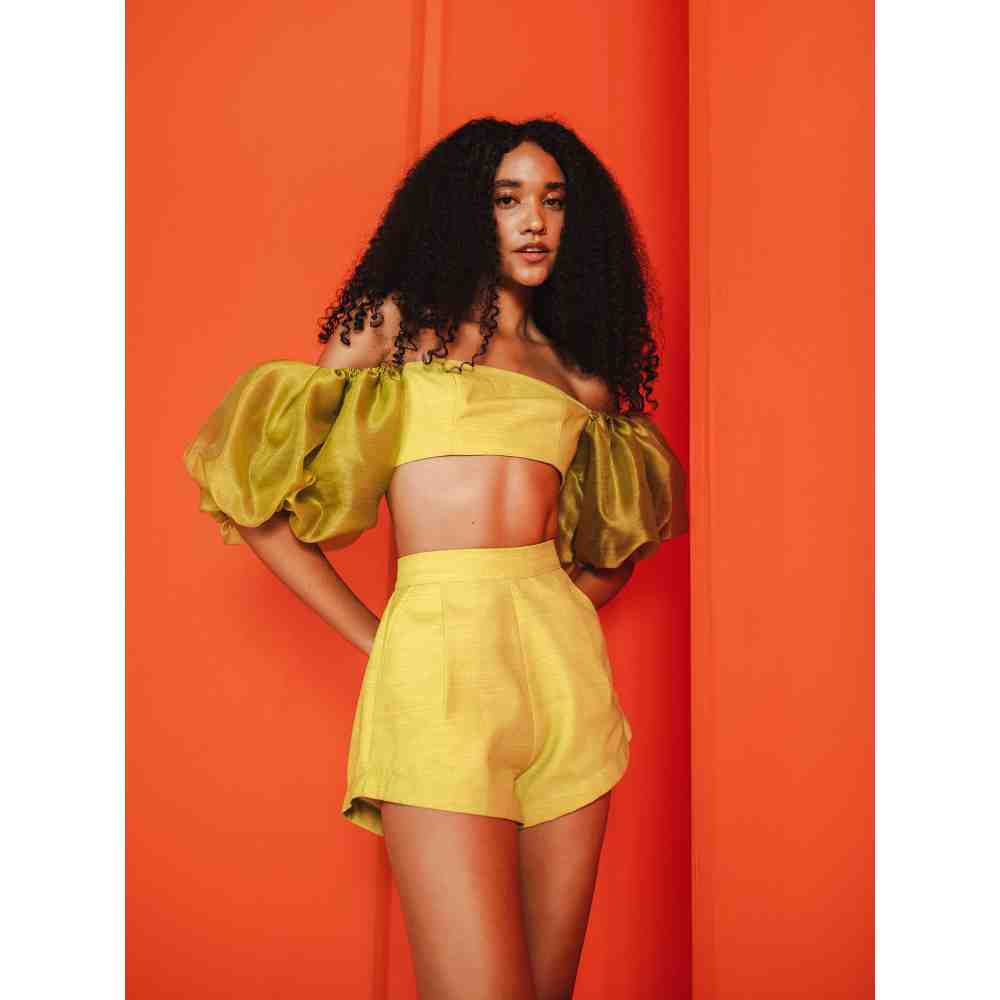 JULY ISSUE Yellow Mim Crop Top & Mini Shorts (Set of 2)
