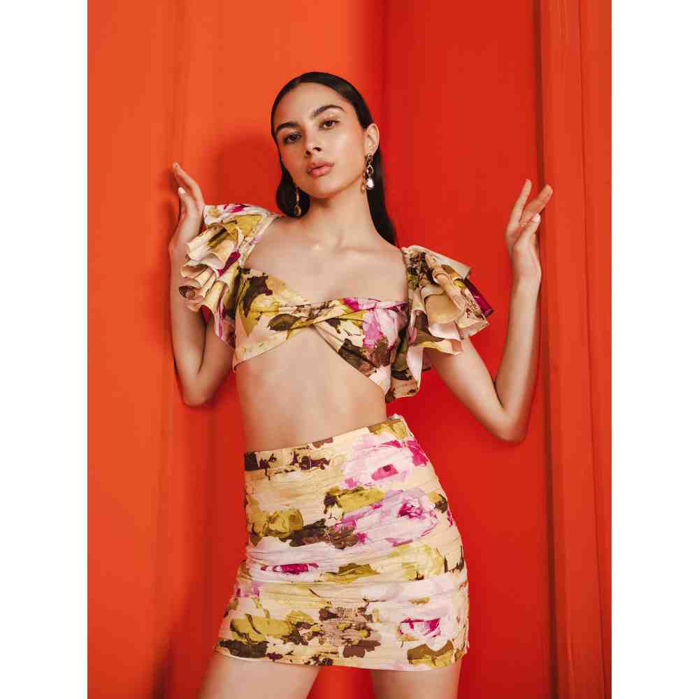 JULY ISSUE Beige Rue Bralette & Ruched Kirt (Set of 2)