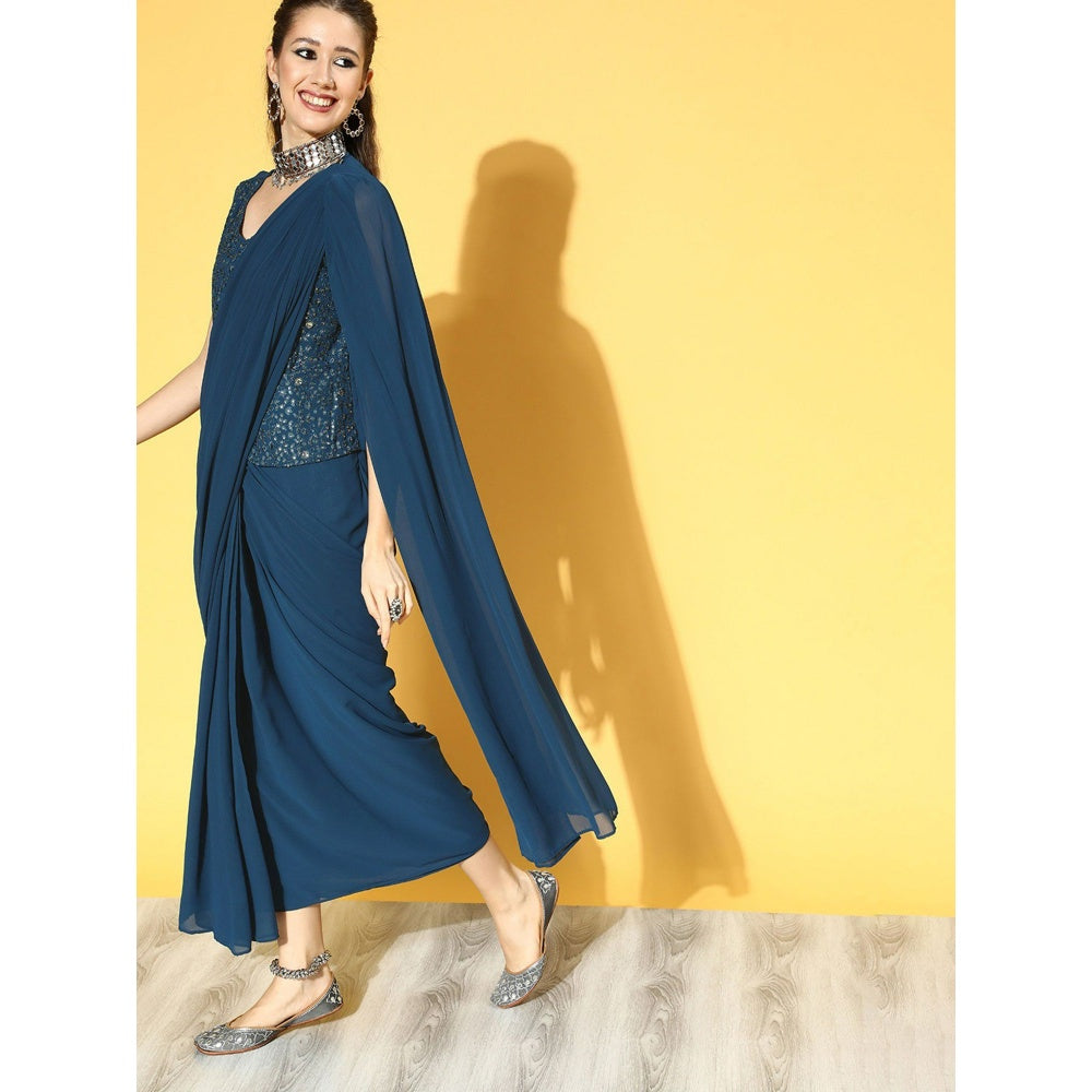 Juniper Blue Georgette Embellished Saree Style Gown