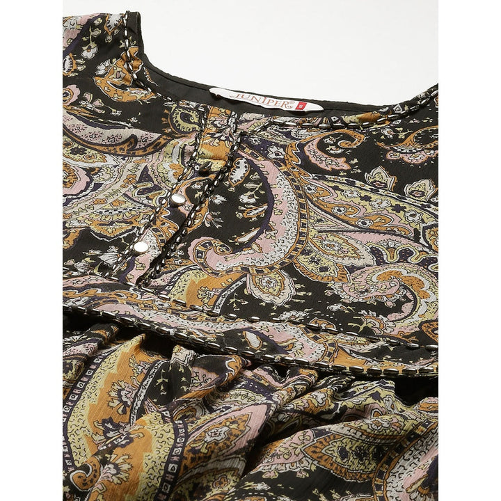 Juniper Black Alphin Chiffon Flared Printed Dress With Tie-Up Belt