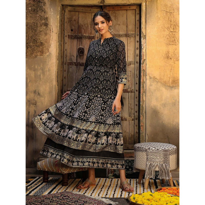 Juniper Black Georgette Printed Flared Dress