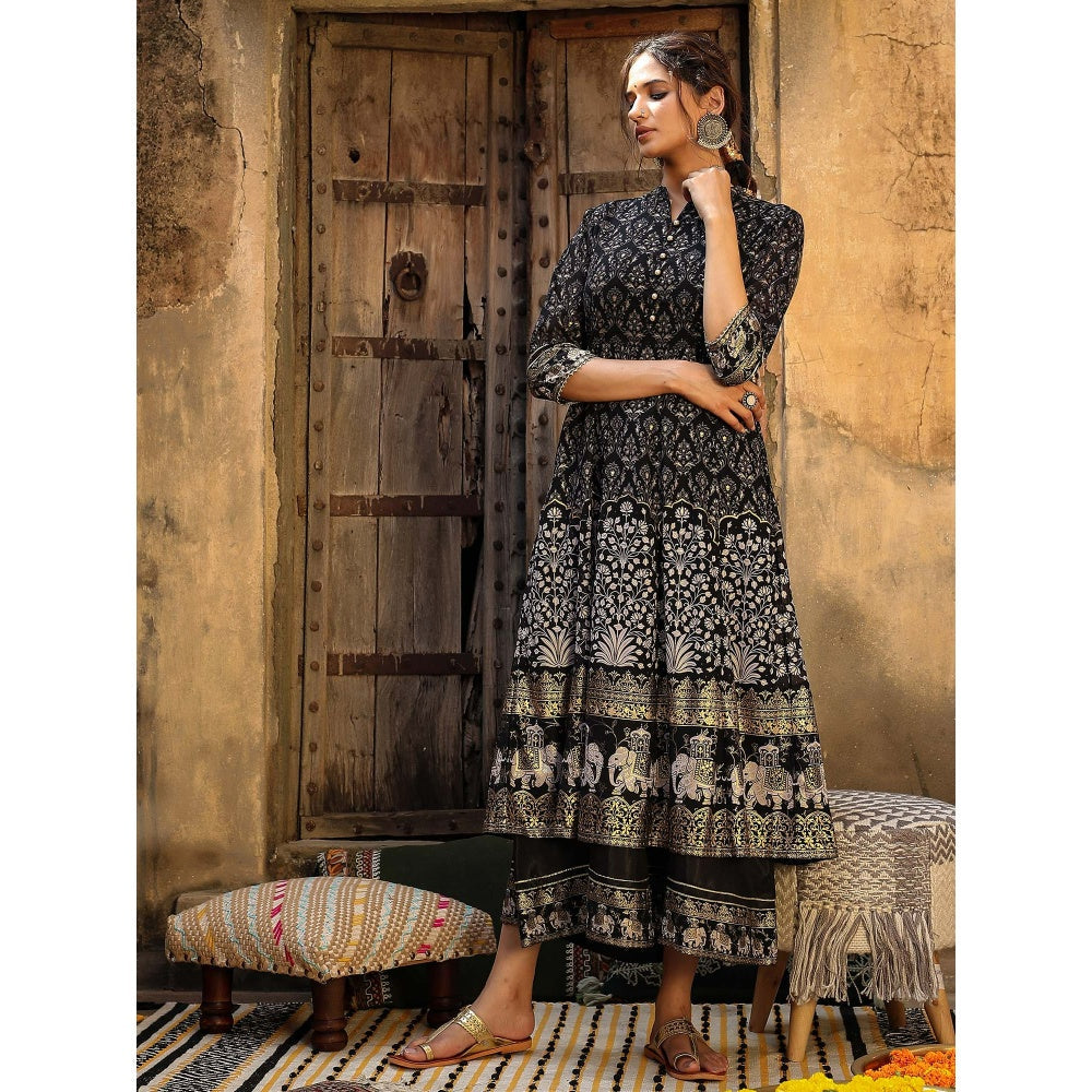 Juniper Black Georgette Printed Flared Dress