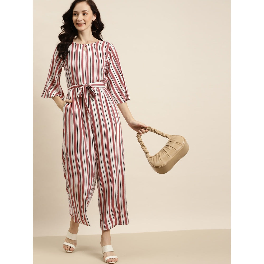 Juniper Rust Pink Rayon Striped Jumpsuit With Waist Tie-Up