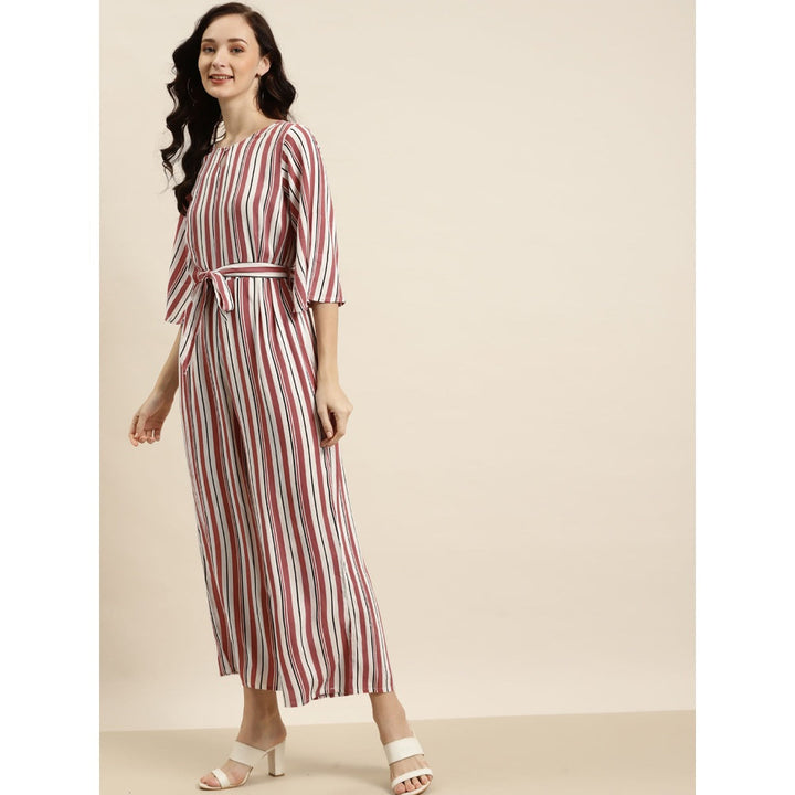 Juniper Rust Pink Rayon Striped Jumpsuit With Waist Tie-Up