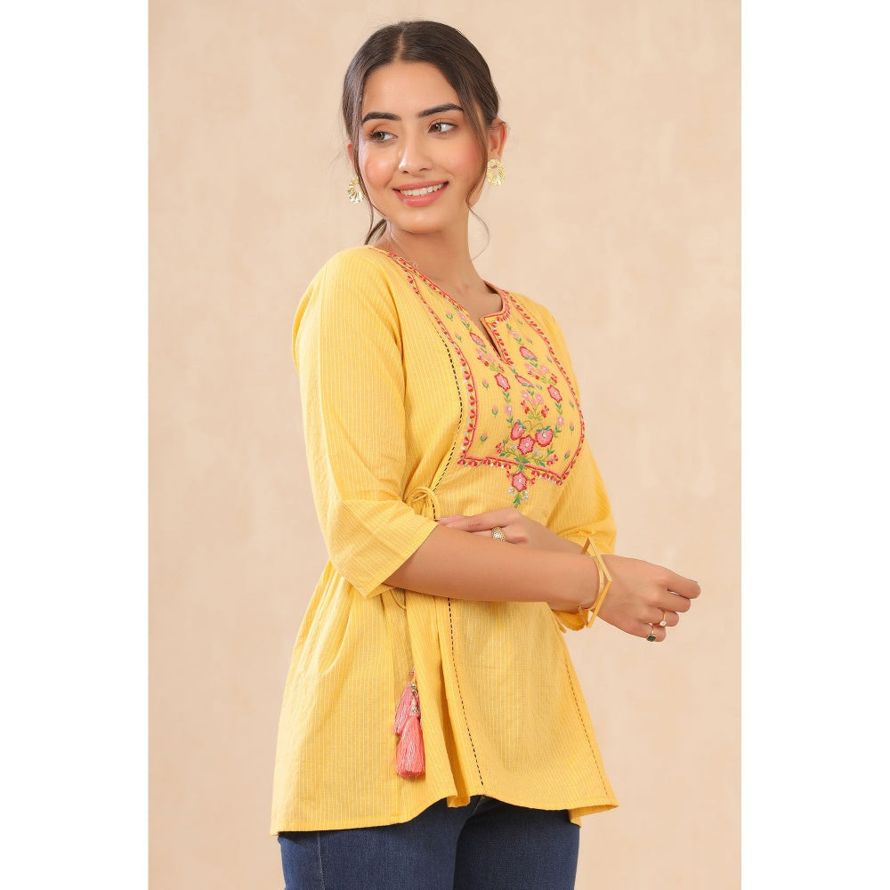 Juniper Yellow Cotton Dobby Embroidered A-Line Tunic