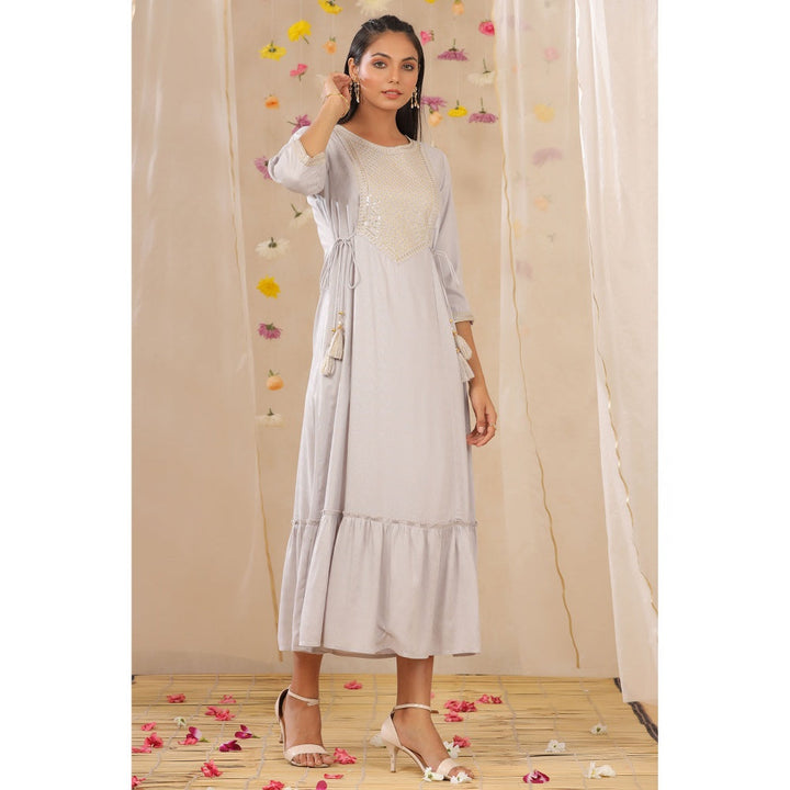 Juniper Grey Rayon Dobby Embroidered Tiered Dress