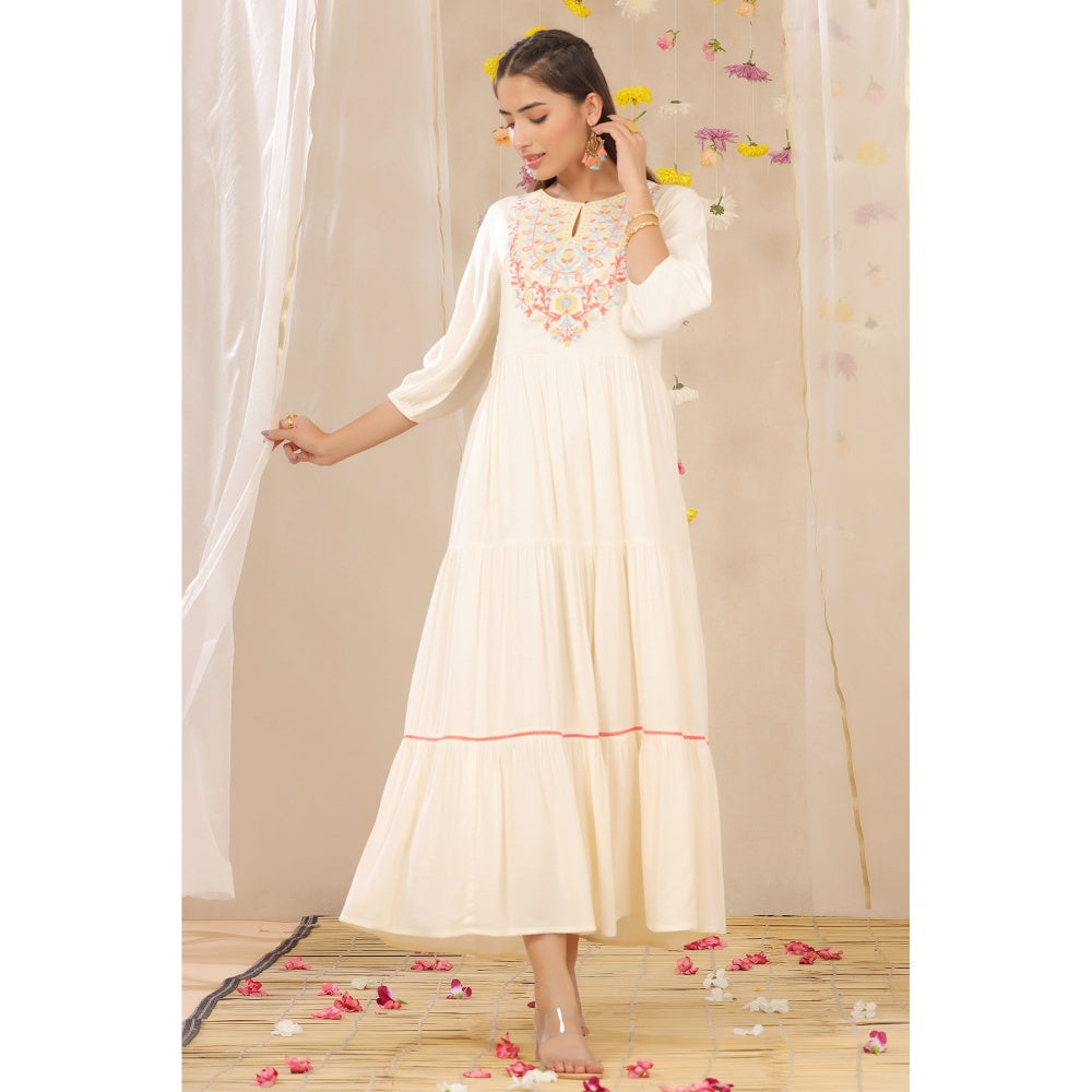 Juniper Offwhite Rayon Dobby Embroidered Tiered Dress