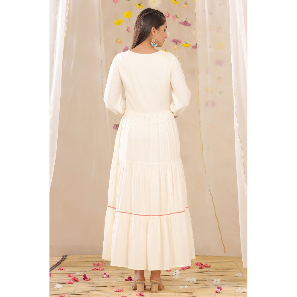 Juniper Offwhite Rayon Dobby Embroidered Tiered Dress
