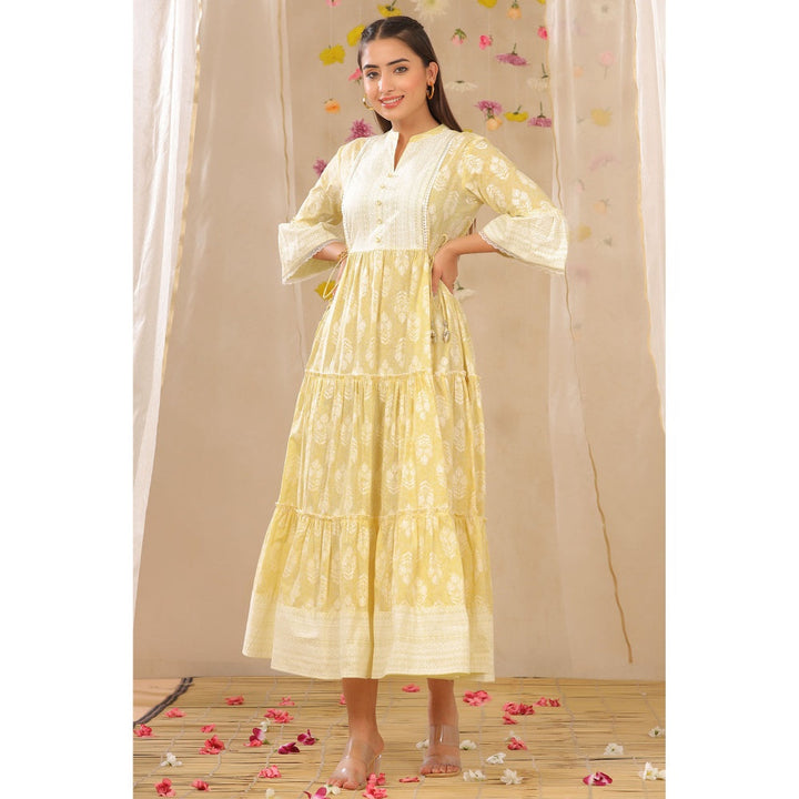 Juniper Limeyellow Cambric Printed Tiered Dress