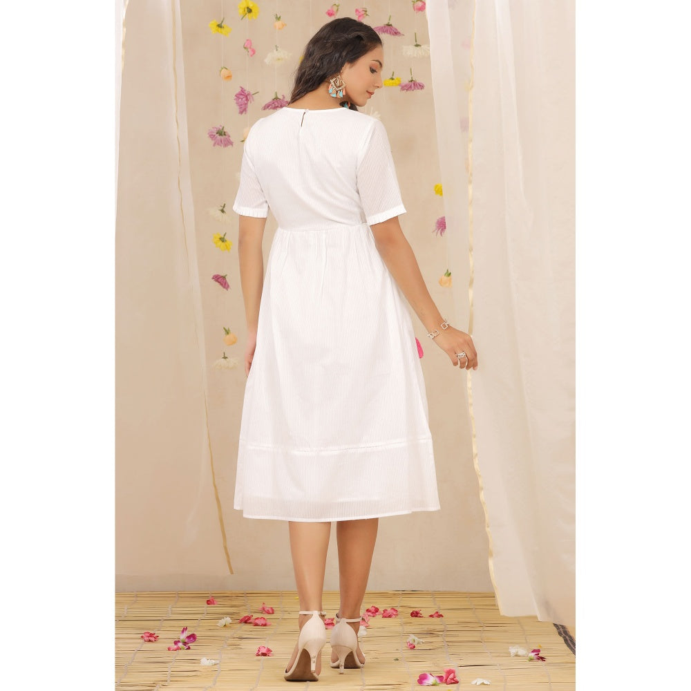 Juniper White Cotton Dobby Embroidered A-Line Dress