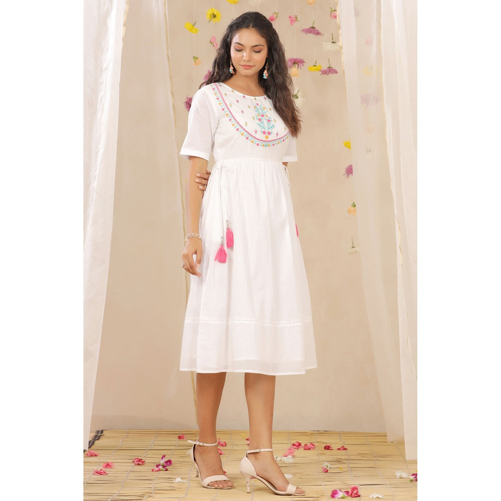 Juniper White Cotton Dobby Embroidered A-Line Dress