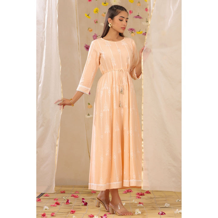 Juniper Peach Rayon Printed Anarkali Dress With Tie-Up Dori (Set Of 2)