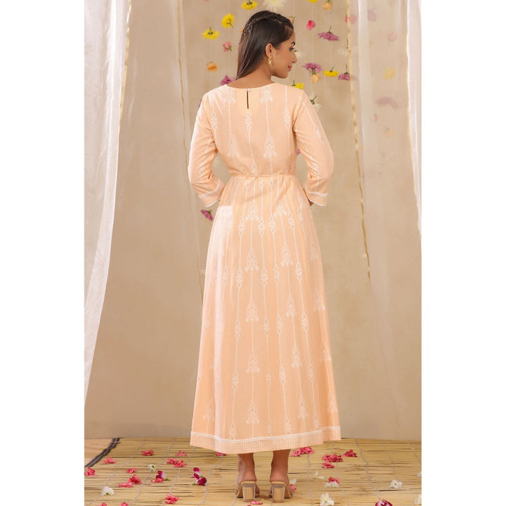 Juniper Peach Rayon Printed Anarkali Dress With Tie-Up Dori (Set Of 2)