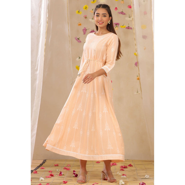 Juniper Peach Rayon Printed Anarkali Dress With Tie-Up Dori (Set Of 2)