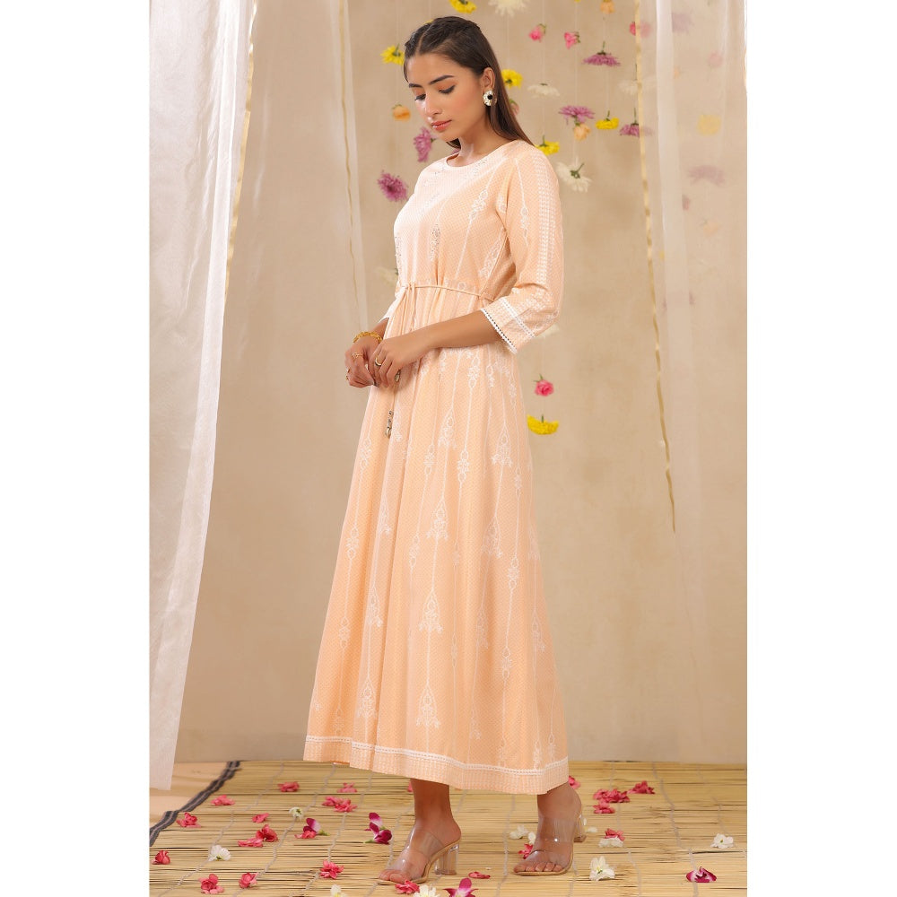 Juniper Peach Rayon Printed Anarkali Dress With Tie-Up Dori (Set Of 2)