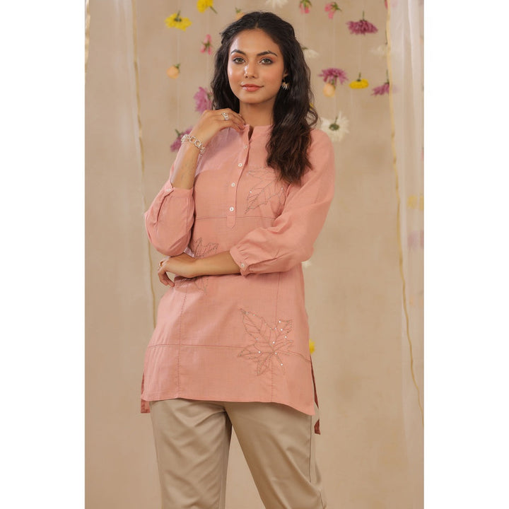 Juniper Peach Cotton Slub Embroidered High-Low Kurta