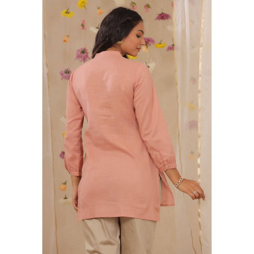 Juniper Peach Cotton Slub Embroidered High-Low Kurta