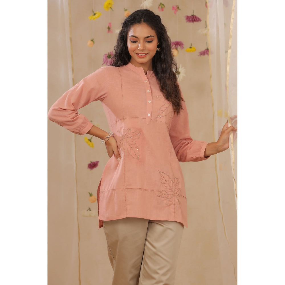 Juniper Peach Cotton Slub Embroidered High-Low Kurta