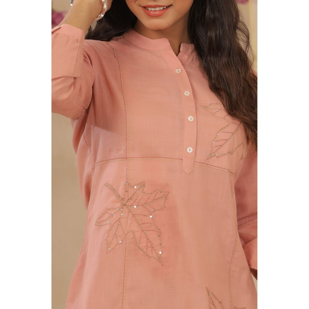 Juniper Peach Cotton Slub Embroidered High-Low Kurta