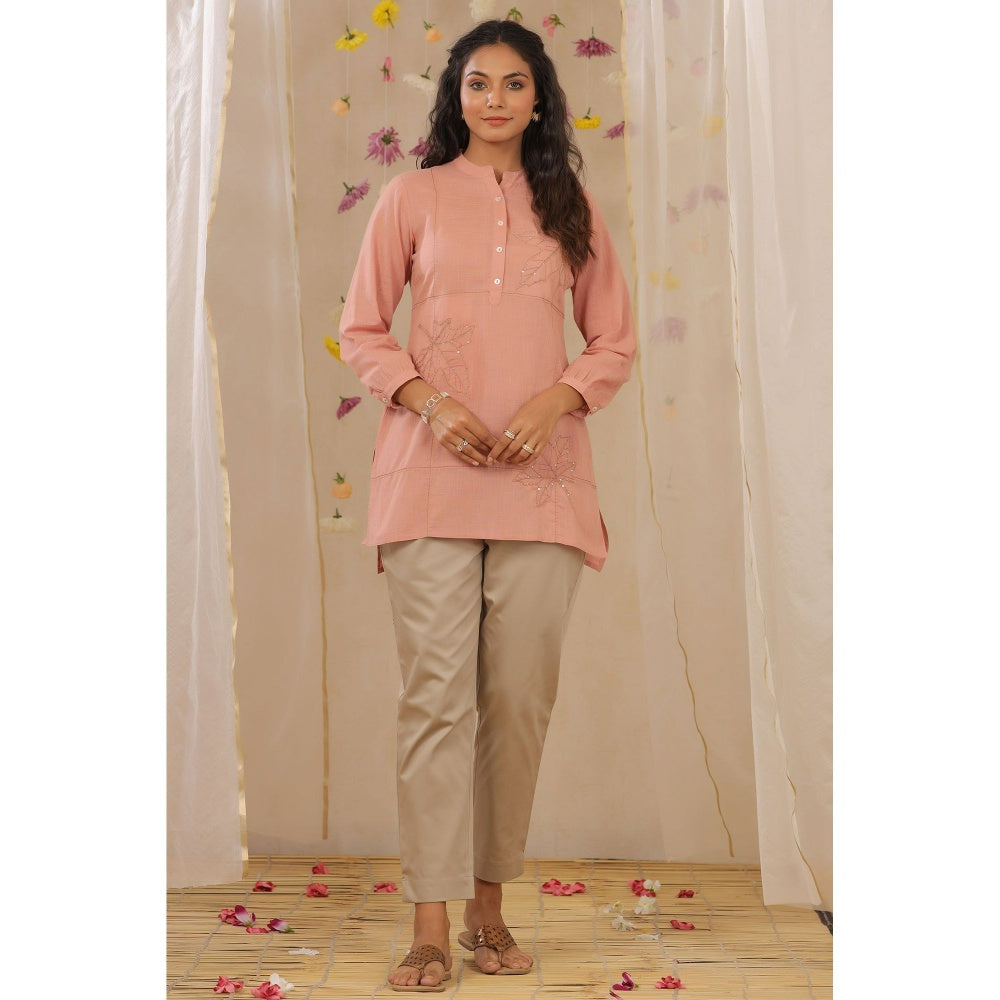 Juniper Peach Cotton Slub Embroidered High-Low Kurta