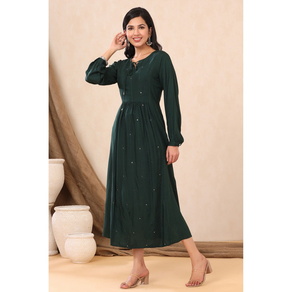 Juniper Jade Green Rayon Embroidered A-Line Dress