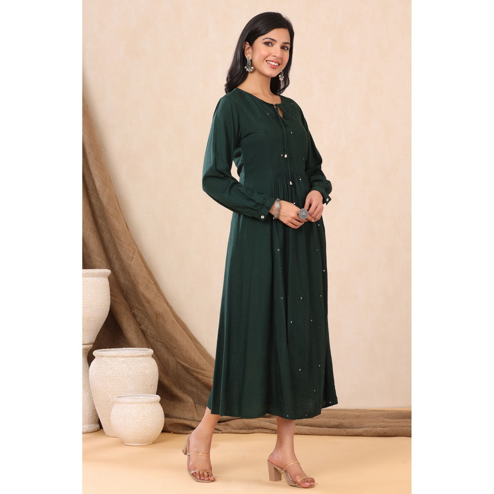 Juniper Jade Green Rayon Embroidered A-Line Dress