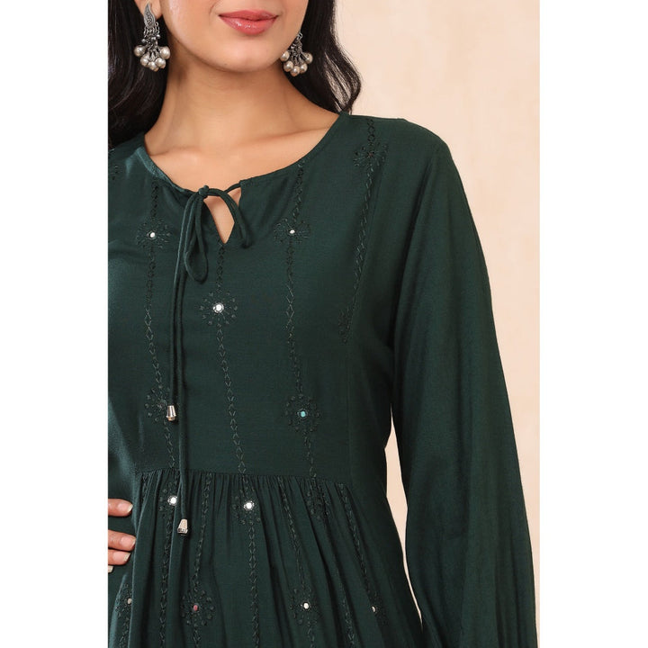 Juniper Jade Green Rayon Embroidered A-Line Dress