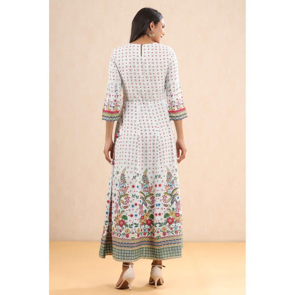 Juniper White Rayon Printed Anarkali Dress With Tie-Up Dori (Set Of 2)