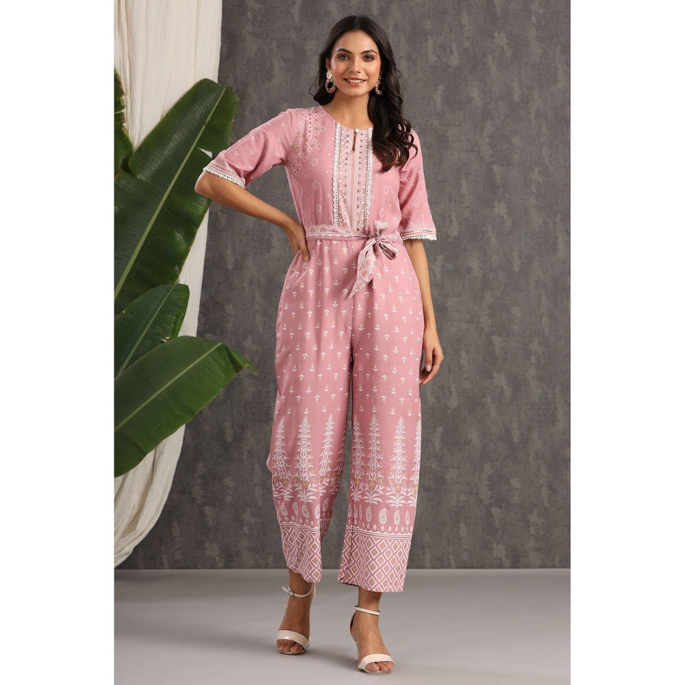 Juniper Onion Pink Rayon Printed Ethnic Jumpsuit With Belt (Set Of 2)