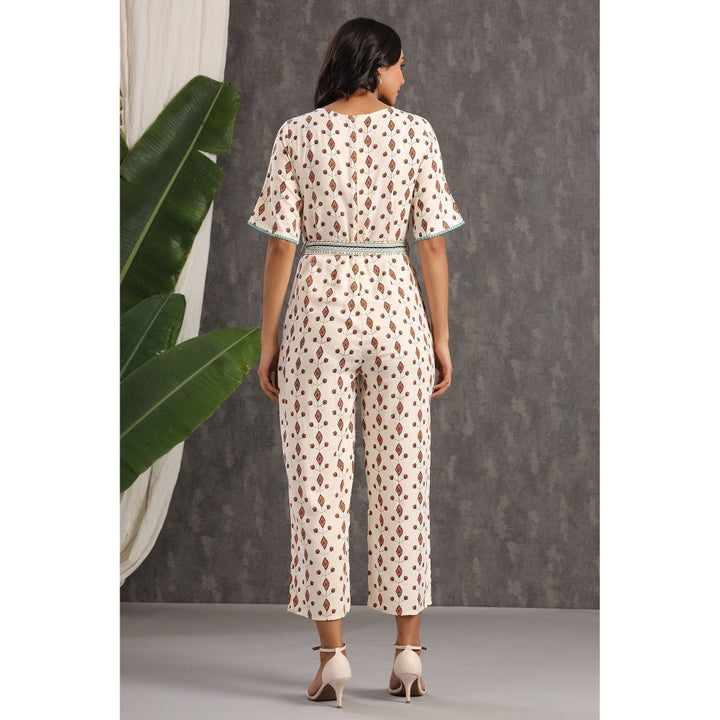 Juniper Ivory Rayon Printed Ethnic Jumpsuit With Belt (Set Of 2)